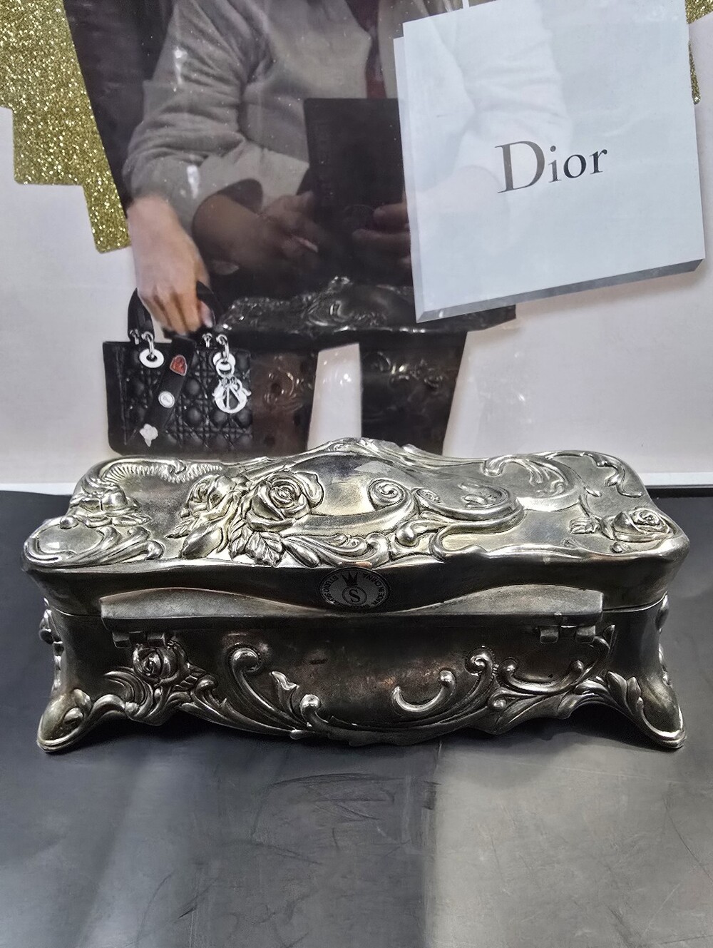 Vintage Art Nouveau Rose Silver Plated Jewelry Casket